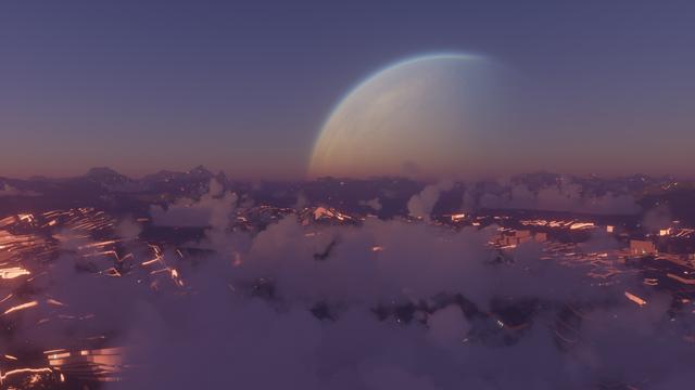 A simple scene designed as a book cover example showing an alien world at dusk, with the lights of an unknown civilization glowing below the clouds.  In the background a blue-grey world presents its gibbous phase.