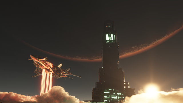 Settling to the pad on several pillars of fire, a winged spacecraft descends to the surface of an alien world.  A nearby tower is lit by windows and a brighter light at its top.  A low sun illuminates nearby clouds and lights the arm of a red planet hanging in the sky above the landing pad.