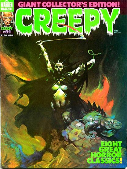 A starkly-lit female figure mostly naked but for a tattered cloak, accompanied by an iguana the size of a crocodile, stands on a rocky outcrop holding a bloody scythe in one hand and with a long green striped snake wrapped around the other arm.
Creepy magazine cover 1977.