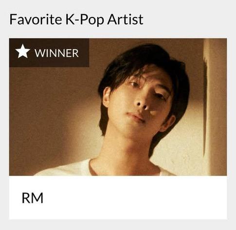 RM of BTS wins Favorite K-Pop Artist at the American Music Awards 2025.