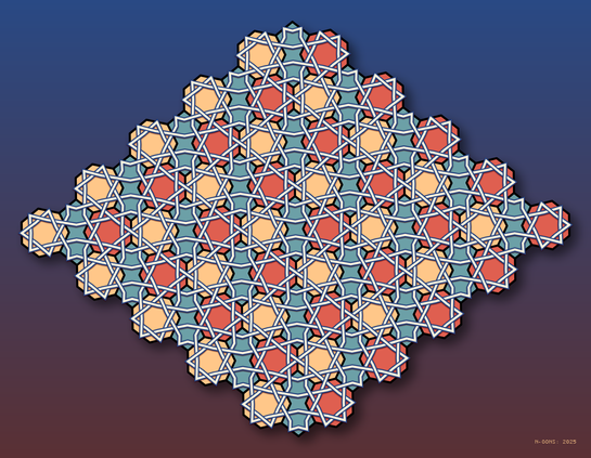 Abstract Mathematical Art. Tiling pattern in red, yellow and teal with white knotwork over gradient background.