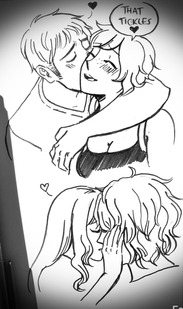 sketchbook page showing two portraits of couples embracing in different ways.

In the top portrait, a man kisses the cheek of a woman and has his arm wrapped loosely around her neck. She giggles and replies "that tickles". 

In the second,  a man and woman have their heads tilted together, foreheads touching. The woman gently holds a hand against the side of the man's head.