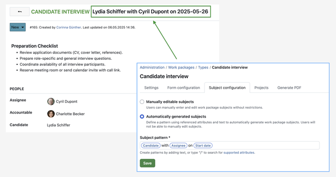 Screenshot showing a work package in OpenProject, the subject automatically created by a configured form: /Candidate (custom field) with /Assignee on /Start date