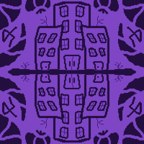 here is octo's description of their art titled "3 of cities":
a 4 color drawing in different hues of purple of three buildings in the middle of it, huddled together, mirrored horizontally. there is a pair of weeds growing by the corner of the buildings.

the border has some solid shapes that remind of a cactus, horns, a sphere.

there might be part of the jerdehl, not at all hidden in it.