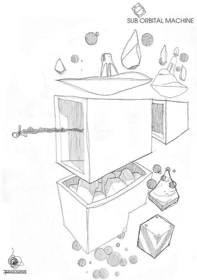 Scifi ballpoint sketch of Sub Orbital Machines artifacts
