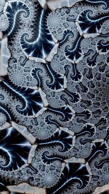 Fractal in blue and silver grey. Reducing scales of spiral hook shapes with further reducing hook shapes branching from the parent all flowing to a central hub.