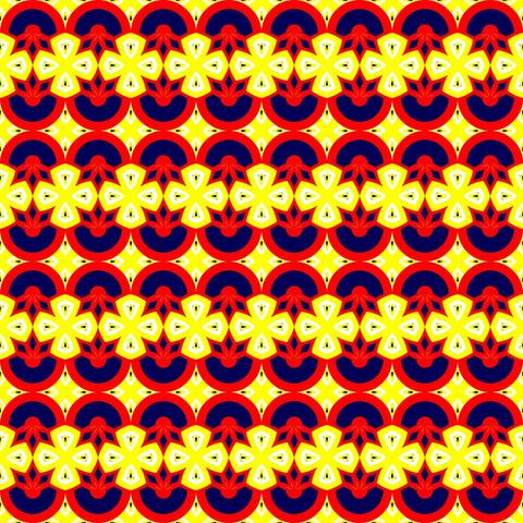 Square tiling. At the top is a row of blue and red tiles that have semi-circular tops and 3 diamonds below. Under these is a row of yellow and white Maltese crosses. Below these is a second row of the blue and red tiles, but these are the other way up, with the diamonds on top and the semi-circules below. Then a row of not-quite-squares (yellow and white) with concave curved edges and pinched corners. Then the pattern repeats 3 times.