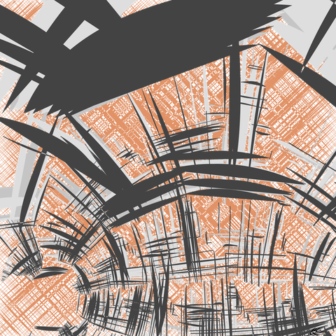 The background is a crisscrossing of light caramel lines, irregularly spaced and slightly thicker in the middle, creating a rippling mesh. The forreground is formed of similar crosshatches in black and silver. The crosshatching is twisted around a circular focus on the bottom left, and a secondary focus just off canvas to the bottom right, becoming large towards the top and small towards the bottom. An arcing vault of trusswork ahead, around, and over us.