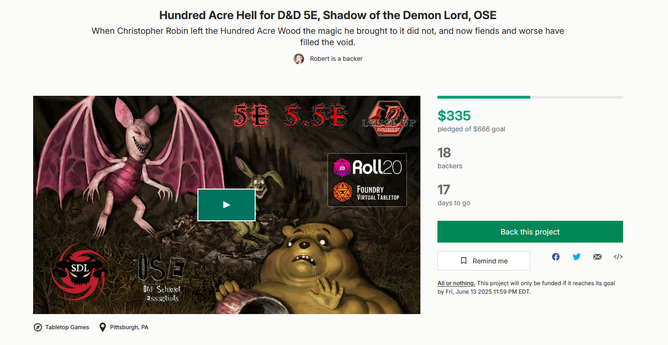 Screenshot of the Hundred Acre Hell Kickstarter page (at $335 funded out of a goal of $666).