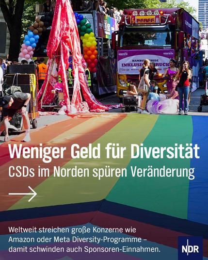 Eine große Regenbogenflagge ist beim CSD 2024 in Hamburg über die Straße gespannt. Im Hintergrund sind bunt geschmückte Fahrzeuge des CSDs zu sehen. Dazu der Text:
Weniger Geld für Diversität
CSDs im Norden spüren Veränderung ->
Weltweit streichen große Konzerne wie Amazon oder Meta Diversity-Programme – damit schwinden auch Sponsoren-Einnahmen.