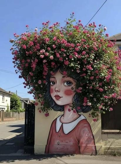 Art of a woman. But she has flowers as air. Artist unknown