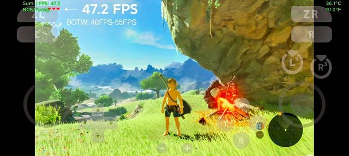 🕶️ A view of his IU on an Android device with a 3D game (The Legend of Zelda: Tears of the Kingdom), showing a young man (Link) near a rock in a lush, sunny countryside. The interface superimposes the controls (crosshairs and control buttons) for touch-screen use.

📚️ Sumi is a fork of Sudachi and a libre, multiplatform Nintendo Switch emulator, simple and experimental, focusing on ARMv8 Android devices. It also aims to offer the latest technologies, the best performance, and a clean, intuitive interface. It offers full support for legal homebrew games and applications.