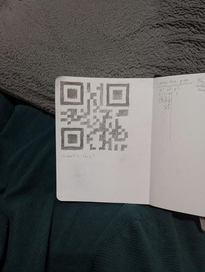 a picture of a manually drawn QR code with the text "what's this?" written underneath it