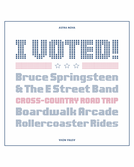 A 6-line type specimen on a white background with a thin, inset blue border set in various cap heights and all in the font Astra Nova.
Line 1: “I VOTED!!” in bold blue star-filled uppercase. Below it is a decorative rule of red stripes and outlined stars. Lines 2 & 3: “Bruce Springsteen & The E Street Band” set in blue. Line 4: “CROSS-COUNTRY ROAD TRIP” in all caps, in red. Lines 5 & 6: “Boardwalk Arcade”, and “Rollercoaster Rides” both blue and in title case.