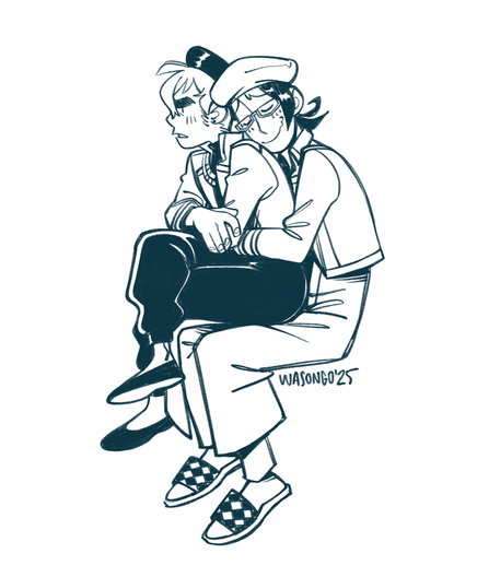 Bak sitting on Komui's lap. Komui is hugging him from behind.