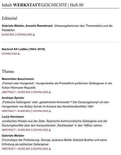 Screenshot des Inhaltsverzeichnisses des WerkstattGeschichte-Hefts 80/2019 (Auszug).