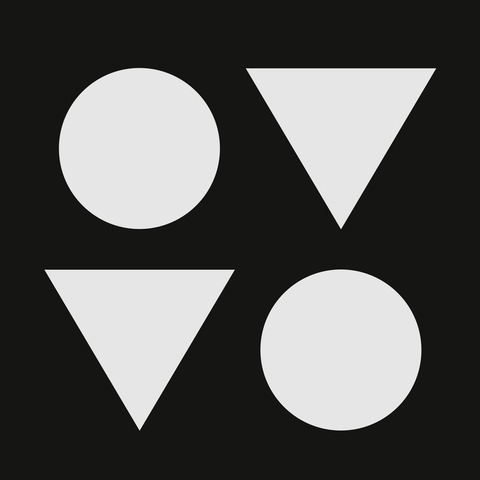 An abstract piece of art in black and white made of two white disks and two white triangles on a black canvas representing the name of the band "OVVO"