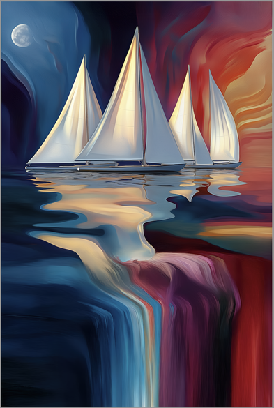 Three sailboats with crisp white sails glide across a vibrantly reflective sea, bathed in a surreal gradient of deep blues, purples, and fiery oranges. A glowing moon casts its serene light, creating a tranquil yet dramatic atmosphere—perfect for art lovers who crave ethereal escapism.