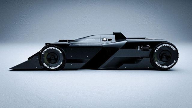 A sleek, futuristic black race car with a minimalist design, featuring large wheels and distinctive carbon fiber accents.