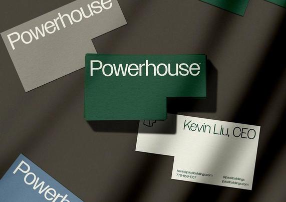 A collection of business cards featuring the "Powerhouse" logo in green, alongside a card for Kevin Liu, CEO, with contact details.