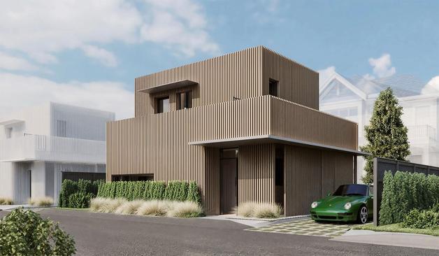 Modern house with vertical wooden siding, a green sports car parked, and lush landscaping under a clear blue sky.