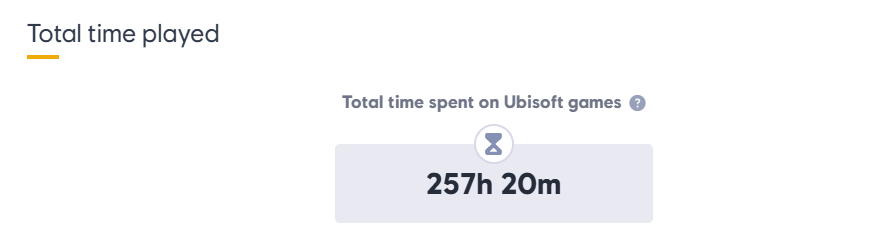 Total time played

Total time spent on Ubisoft Games

257 hours 20 minutes