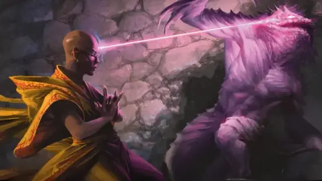 Official DnD art, featuring a bald female elf Psion casting a mental attack against a demon.