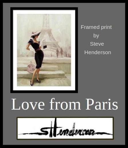 Framed print of an original oil painting depicting a fashionista standing near the Eiffel Tower in France.