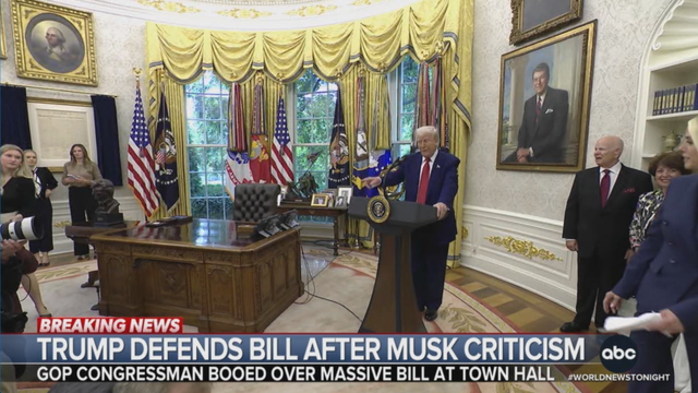 Trump in the Oval Office responding to reporters. A painting of Reagan on the wall behind him.