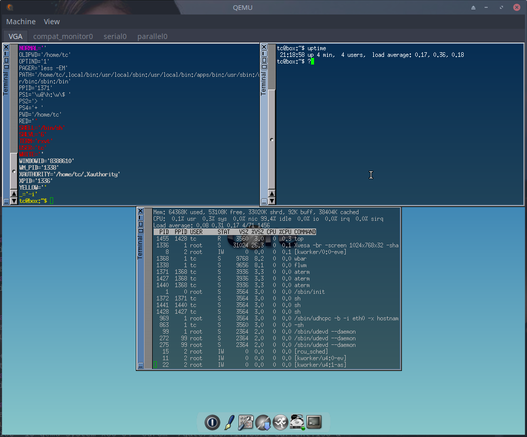 The image shows a QEMU VM interface with three terminal windows open. The terminals displays Linux command-line interfaces with various system information and processes. The top left terminal window shows the output of the 'uptime' command, indicating the system has been running for 21 hours and 18 minutes, with a load average of 0.17, 0.35, and 0.18. The top right terminal window is empty, with a cursor visible. The bottom window displays the output of the 'top' command, listing various processes with their PIDs, user, status, CPU usage, and command names. The system appears to be running a minimal Linux distribution, with a few processes running, including 'Vesa', 'top', and 'udev'. The desktop background is a gradient of blue shades, and the taskbar at the bottom shows icons for various applications.

 Ovis2-8B

🌱 Energy used: 0.196 Wh