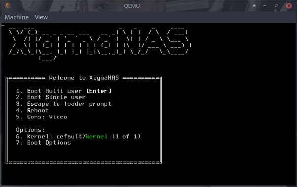 The image shows a terminal screen with a black background and white text, displaying a boot menu for XigmaNAS. At the top, the title "XigmaNAS" is prominently displayed in a dotted font. Below the title, the menu options are listed, including "Welcome to XigmaNAS," followed by numbered choices: "1. Boot Multi user [Enter]," "2. Boot Single user," "3. Escape to loader prompt," "4. Reboot," "5. Cons: Video," "Options: 6. Kernel: default/kernel (1 of 1)," and "7. Boot Options." The "Kernel" option is highlighted in green, indicating it is selected. The top of the screen shows a window title bar with "Machine" and "View" tabs, and "QEMU" is visible, suggesting the software is running in a virtual environment. The overall layout is simple and functional, typical of a boot loader interface.

Ovis2-8B

🌱 Energy used: 0.201 Wh