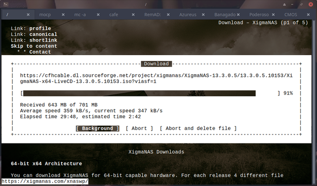 The image shows a download window from a computer screen, specifically for the XigmaNAS software. The window is titled "Download - XigmaNAS (p1 of 5)" and is part of the mighty links web browser interface. The download is in progress, with 643 MB out of 701 MB received, at 91% completion. The average speed is 359 KB/s, and the current speed is 347 KB/s. The elapsed time is 29 minutes and 48 seconds, with an estimated remaining time of 2 minutes and 42 seconds. The download link is visible, and options to "Background," "Abort," and "Abort and delete file" are available. The background of the window features a dark, cloudy sky. Below the download window, there is a section titled "64-bit x64 Architecture" with a link to download XigmaNAS for 64-bit capable hardware, mentioning that each release has four different files available.

Ovis2-8B

🌱 Energy used: 0.216 Wh