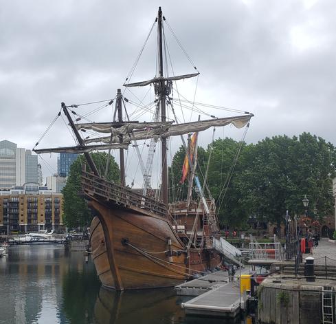Picture of a wooden sailing ship with sails stowed