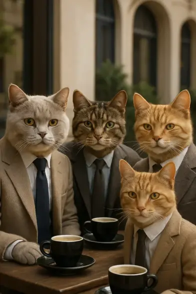 Cats in business suits drinking coffee (AI image)