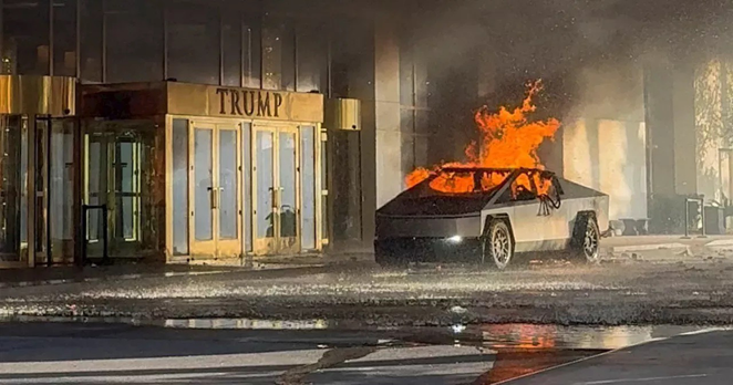 Iconic photo of a flaming Cybertruck in front of the Trump Hotel in Las Vegas.