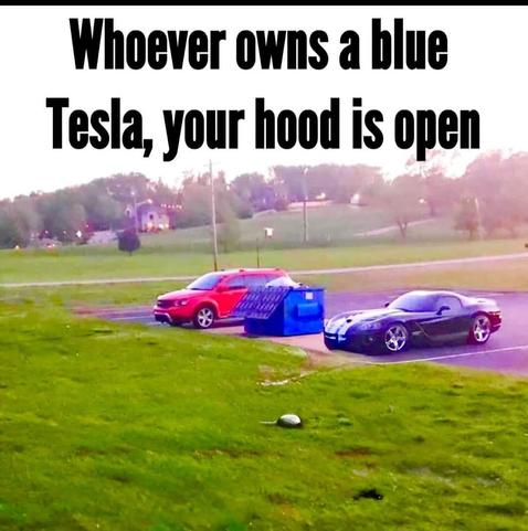 Picture of parking lot with blue trash bin between two cars. 
Caption “Whoever owns a blue
Tesla, your hood is open”