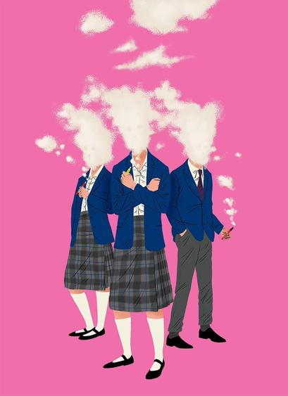 Three figures in blue school uniforms surrounded by billowing white clouds against a vibrant pink background, suggesting a whimsical atmosphere.