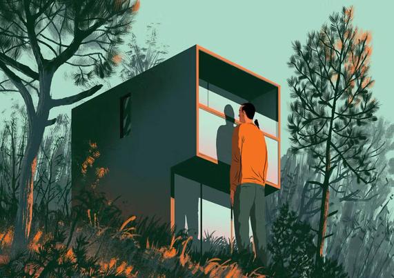 A giant person in an orange sweater stands before a modern, minimalist house surrounded by tall pine trees and lush greenery.
