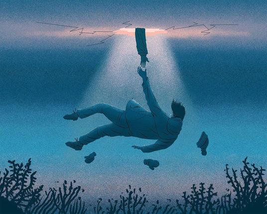 A man in a suit falls underwater, reaching for a hand emerging from a cracked surface above, with debris scattering around him.