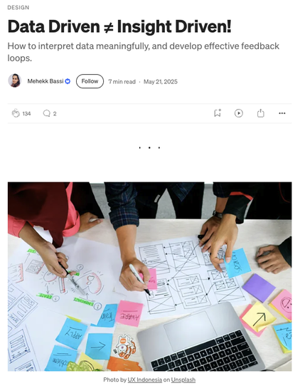 Screenshot of an article by Mehekk Bassi with title "Data Driven ≠ Insight Driven!" and an image of the hands of multiple people working with diagrams and sticky notes