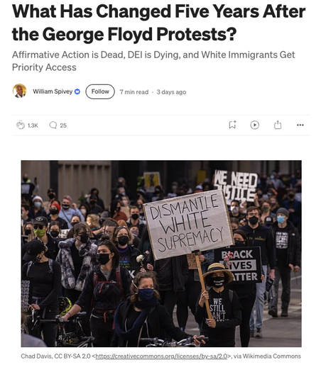 Screenshot of an article by William Spivey with title "What Has Changed Five Years After the George Floyd Protests?" and a photo of a protesters wearing COVID masks and holding signs, including "Dismantle White Supremacy" and "Black Lives Matter"