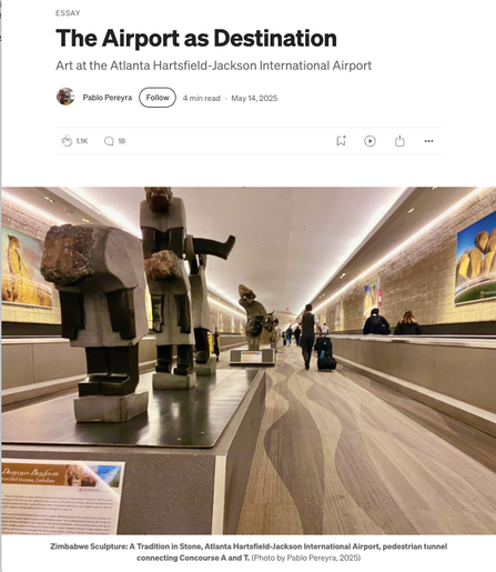 Screenshot of an article by Pablo Pereyra with title "The Airport as Destination" and a photo of sculptures displayed inside an airport, with passengers walking nearby