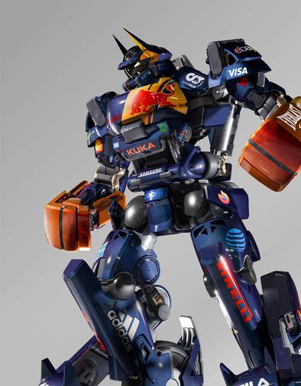 A futuristic robot adorned with various brand logos, including Red Bull. Adidas and Visa, striking a dynamic pose against a gradient background.