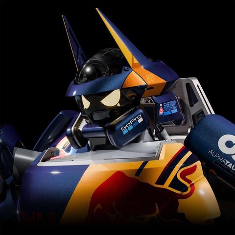 Close-up of a futuristic robot's head, featuring sharp orange and blue accents, illuminated eyes, and branded logos including GoPro.