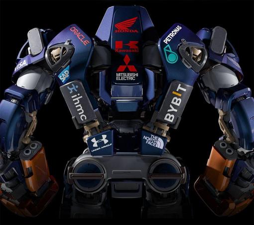 A futuristic blue robot back adorned with various corporate logos including Honda, Kawasaki and Oracle, against a black background.