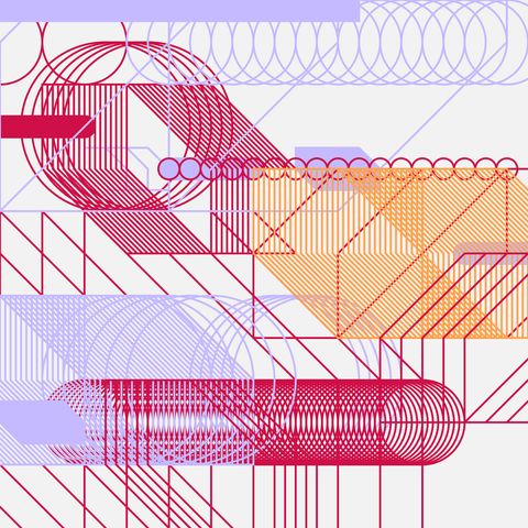 This generative artwork features a complex and vibrant design with intersecting lines, geometric shapes, and patterns. The composition includes various textures such as stripes, grids, and hatching, creating a sense of depth and complexity. The color palette consists of red, purple, and orange hues, which add to the visual interest and dynamic nature of the piece. The overlapping elements and contrasting colors enhance the overall visual appeal.