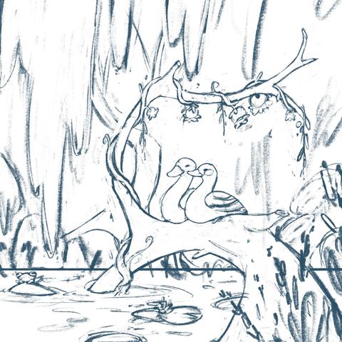 Doodle of two geese happily sitting on a dead, half sunken tree trunk; a thick vine growing around the branch that goes above them; bell flowers growing out of the vine.