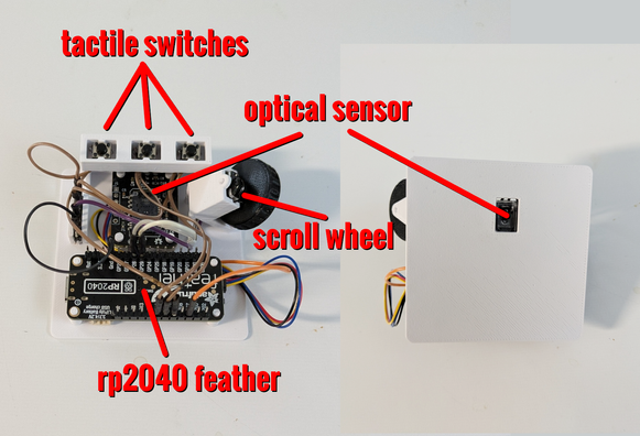 A 3D-printed testbed for an optical mouse. Top: three tactile switches, Middle: an optical sensor and a scroll wheel, Bottom: an RP2040 Feather MCU.