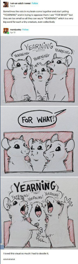 The image is a comic composed of a Tumblr post followed by a three-panel drawing of cartoon rats.

The first part is a Tumblr post by user "i-am-an-adult-i-swear" that says:
"Sometimes the rats in my brain come together and start yelling 'YEARNING' and in trying to appease them I ask 'FOR WHAT?' but they are too small so all they can say is 'YEARNING' which is a very big word for such a tiny creature, even collectively."

Below it, user "mandyseley" posts a doodle:
Panel 1: Three white rats shout “YEARNING” repeatedly.
Panel 2: A speech bubble says, “FOR WHAT?” The rats look blank.
Panel 3: All three scream “YEARNING” again, louder and more dramatically.

Caption: "I loved this visual so much I had to doodle it."