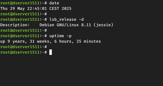 Still running strong — Debian Jessie, 9 years and 31 weeks of uptime.